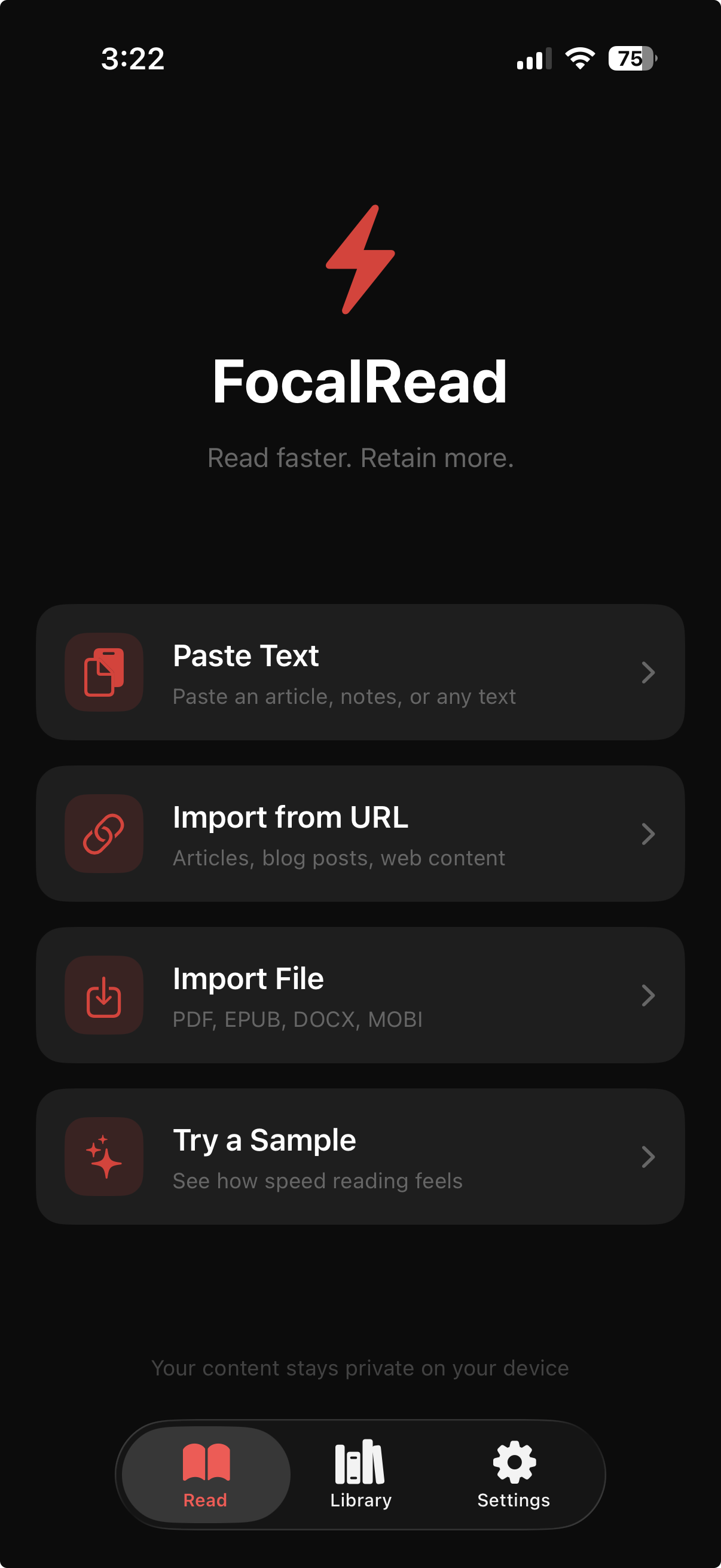 Import PDFs, ePUBs, and web content into FocalRead speed reading app